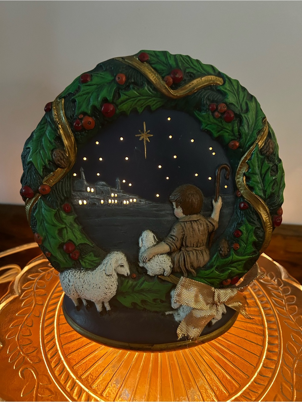 Vintage Christmas Hand-Painted Light-Up Ceramic  Shepherd Sheep Bethlehem Wreath